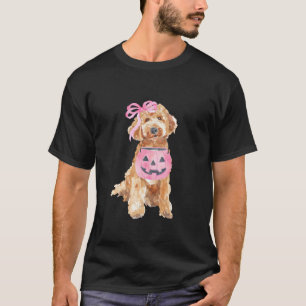 Bow Pink Retro Labradoodle Dog Pumpkins Halloween  T-Shirt