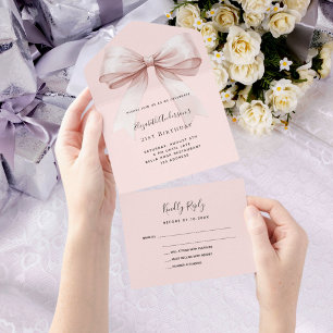 Bow pink rose gold rsvp birthday all in one invitation