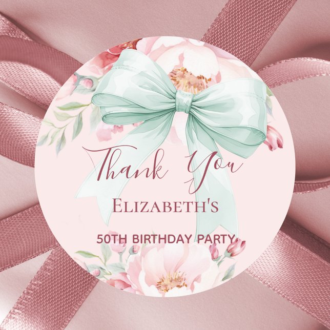 Bow pink sage green florals thank you birthday classic round sticker (Creator Uploaded)