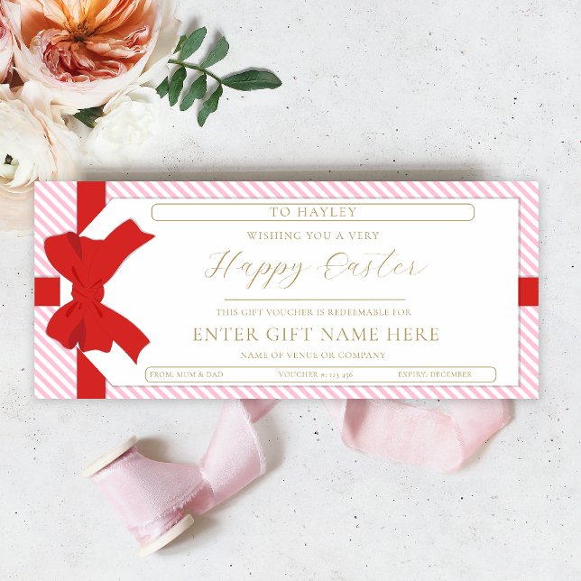 Bow Pink Stripe Happy Easter Gift Voucher Card (Creator Uploaded)