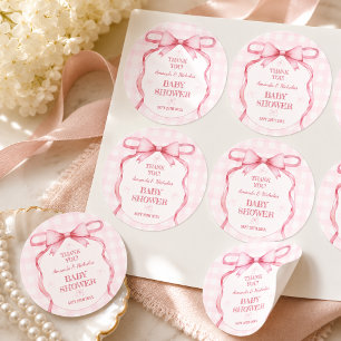 Bow Pink Watercolor Vintage Gingham Thank You Classic Round Sticker