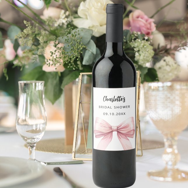 Bow pink white Bridal Shower Wine Label (Creator Uploaded)