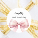 Bow pink white elegant Birthday Classic Round Sticker<br><div class="desc">A white background. Decorated with a large pink bow.  Personalise and add a name. Black handwritten style script.</div>