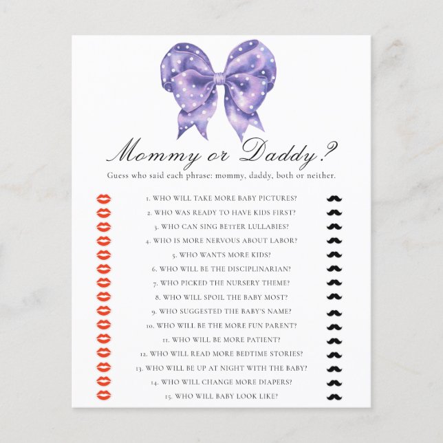 Bow polka dot baby shower - mummy or daddy game (Front)