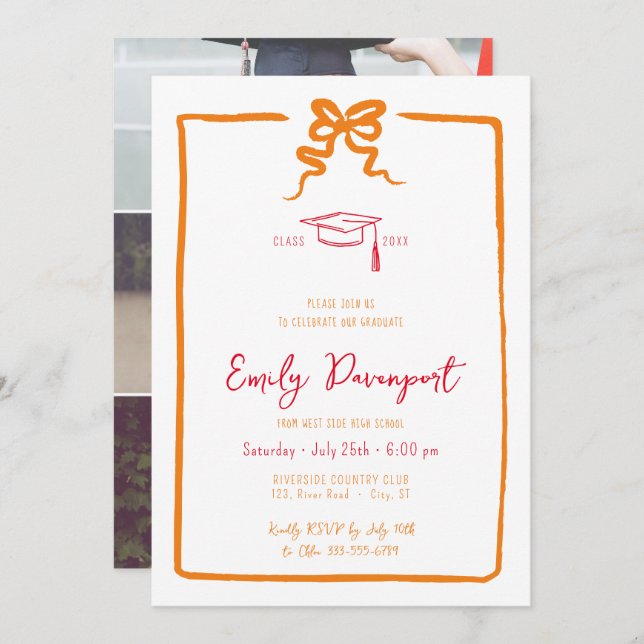 Bow quirky graduation 3 photos invitation (Front/Back)