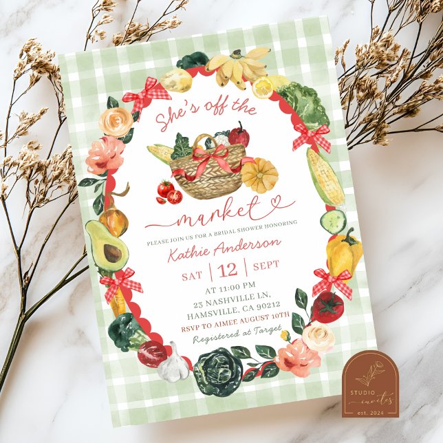 Bow Red Gingham Illustration Farmers Market Bridal Invitation (Creator Uploaded)