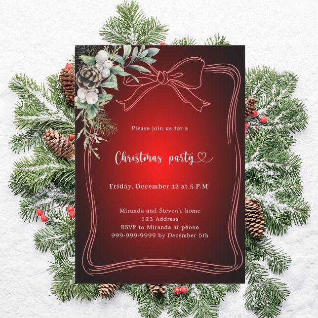 Bow red pine greenery Christmas Party Invitation (Creator Uploaded)
