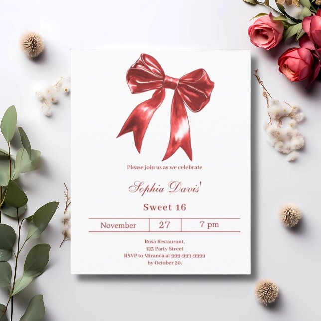 Bow red white Sweet 16 invitation (Creator Uploaded)