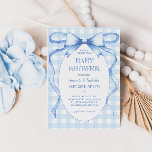 Bow Ribbon Blue Gingham Baby Boy Shower  Invitation (Creator Uploaded)