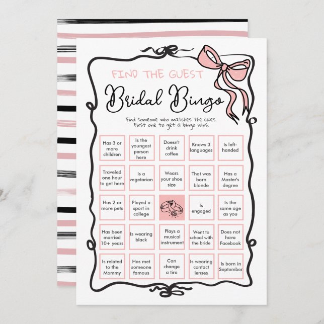 Bow Ribbon Bridal Shower Find the Guest BINGO  Invitation (Front/Back)