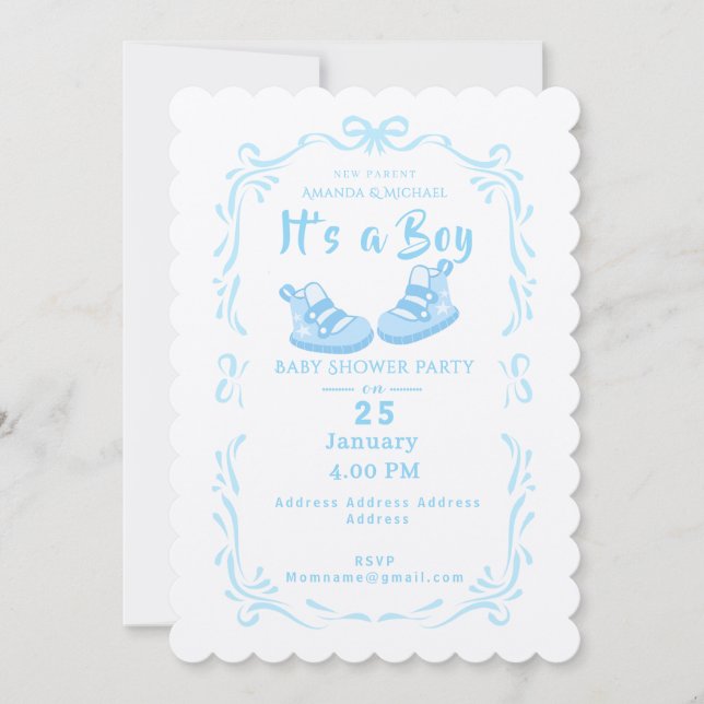 Bow Ribbon Its a Boy Baby Shoe Invitation (Front)