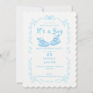 Bow Ribbon Its a Boy Baby Shoe Invitation
