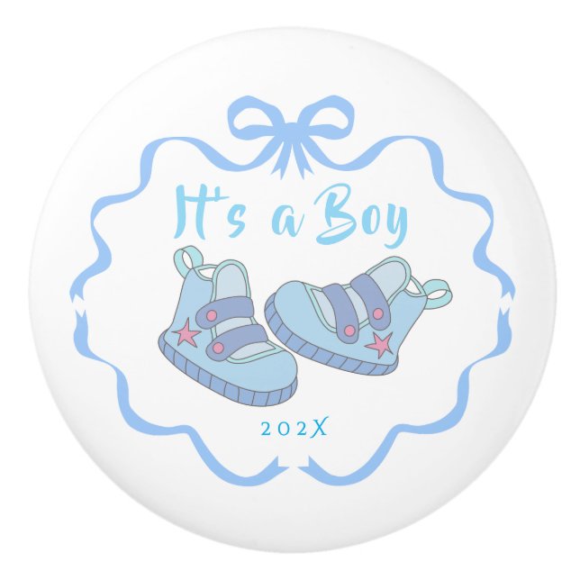 Bow Ribbon Its a Boy Blue Ceramic Knob (Front)