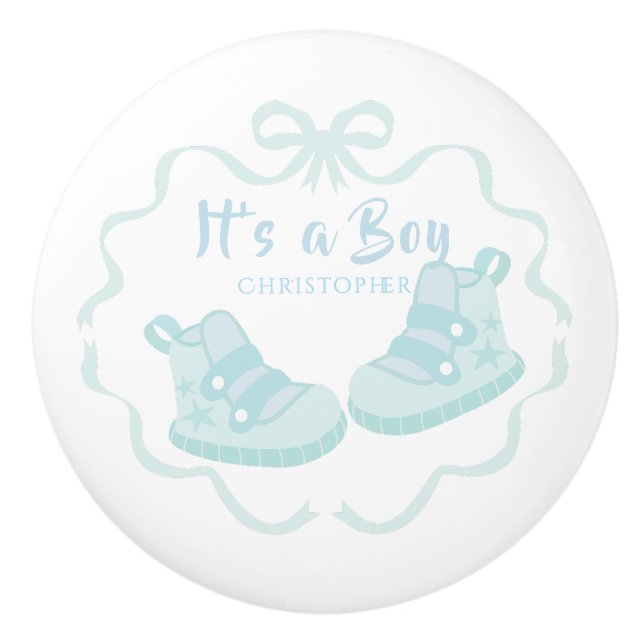 Bow Ribbon Its a Boy Teal Ceramic Knob (Front)