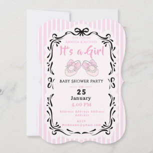 Bow Ribbon Its a Girl Baby Shoe Black Pink Invitation