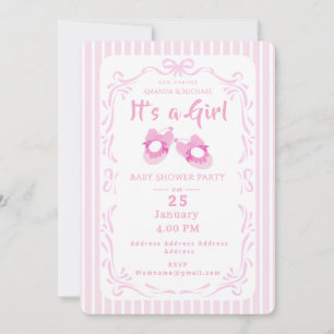 Bow Ribbon Its a Girl Baby Shoe Invitation