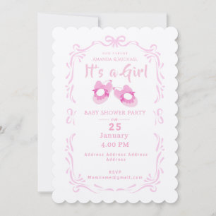 Bow Ribbon Its a Girl Baby Shoe Invitation
