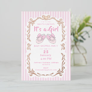 Bow Ribbon Its a Girl Baby Shoe Pink Invitation