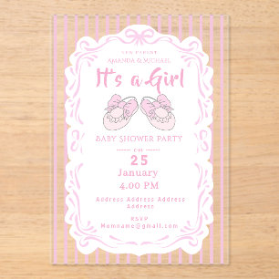 Bow Ribbon Its a Girl Baby Shoe Pink Invitation