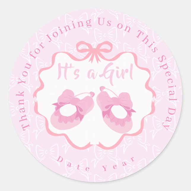 Bow Ribbon Its a Girl Classic Round Sticker (Front)