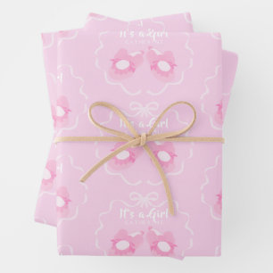 Bow Ribbon Its a Girl Pink Wrapping Paper Sheet