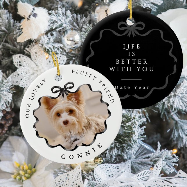 Bow Ribbon Pet Memory Photo Black Ceramic Tree Decoration (Bow Ribbon Pet Memory Photo Black Ceramic Ornament)