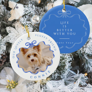 Bow Ribbon Pet Memory Photo Blue Ceramic Tree Decoration