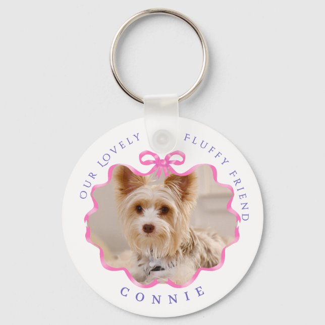 Bow Ribbon Pet Memory Photo Pink Keychain (Front)