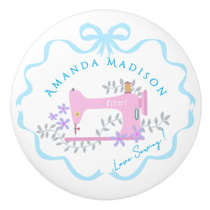 Bow Ribbon Sewing Blue White Ceramic Knob