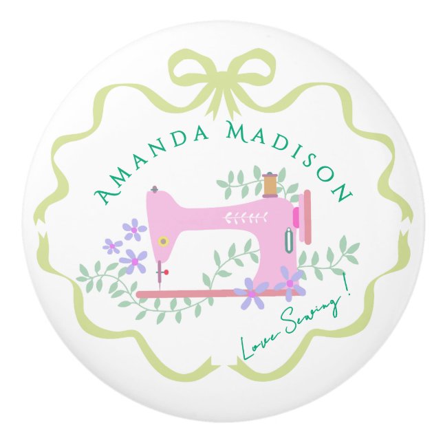 Bow Ribbon Sewing Green White Ceramic Knob (Front)