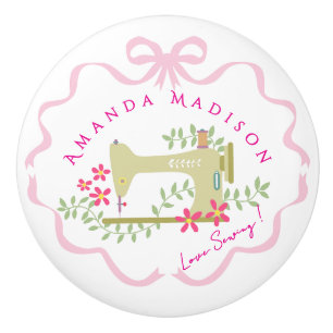 Bow Ribbon Sewing Pink White Ceramic Knob