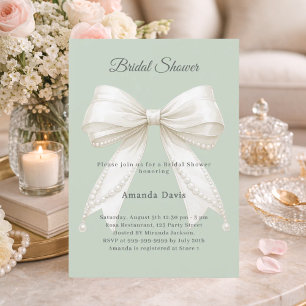 Bow sage green ivory pearls Bridal Shower Invitation