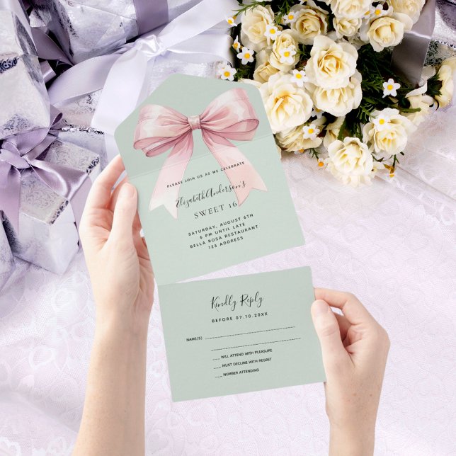 Bow sage green pink Sweet 16 rsvp All In One Invitation (Creator Uploaded)