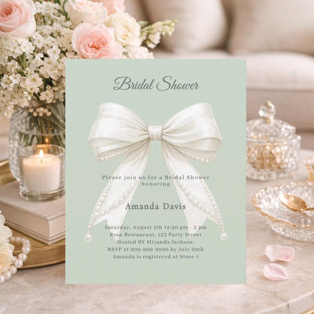 Bow sage ivory pearls Bridal Shower invitation (Creator Uploaded)