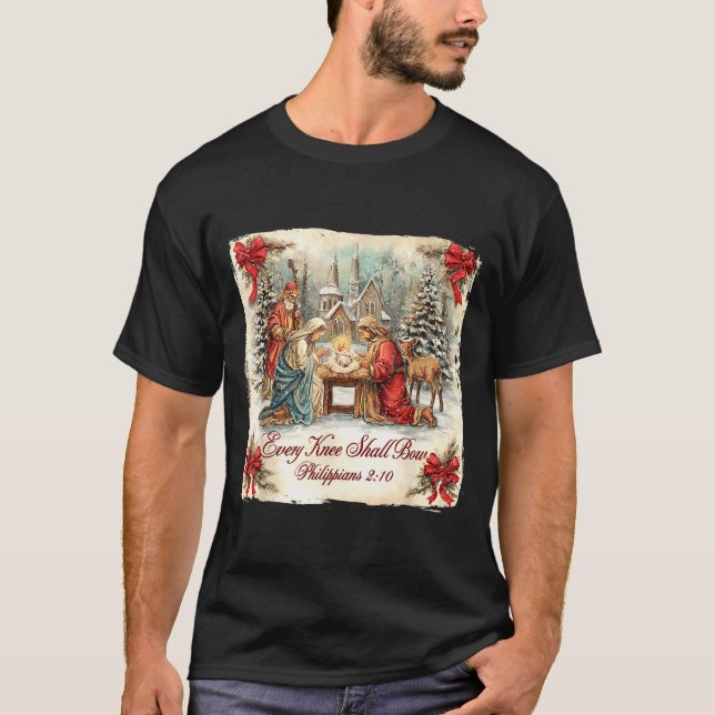 Bow Santa Christmas Nativity Scene Every Knee Shal T-Shirt (Front)