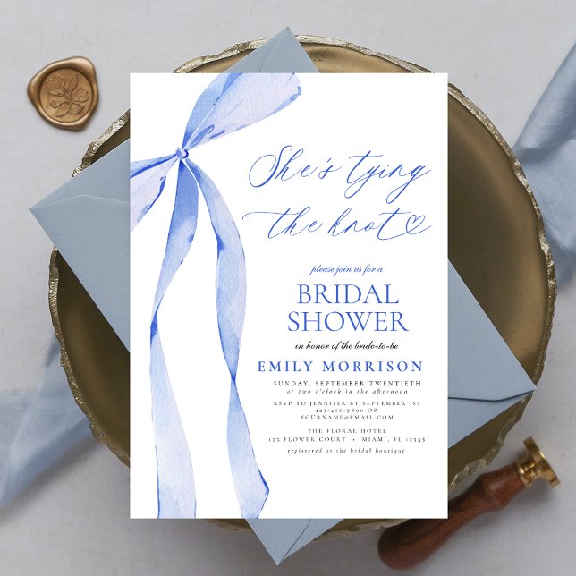 Bow She's Tying the Knot Blue Bridal Shower Invitation (Creator Uploaded)