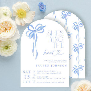 Bow She's Tying the Knot Blue Bridal Shower Invitation