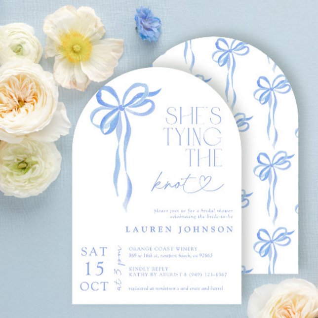 Bow She's Tying the Knot Blue Bridal Shower Invitation (Creator Uploaded)