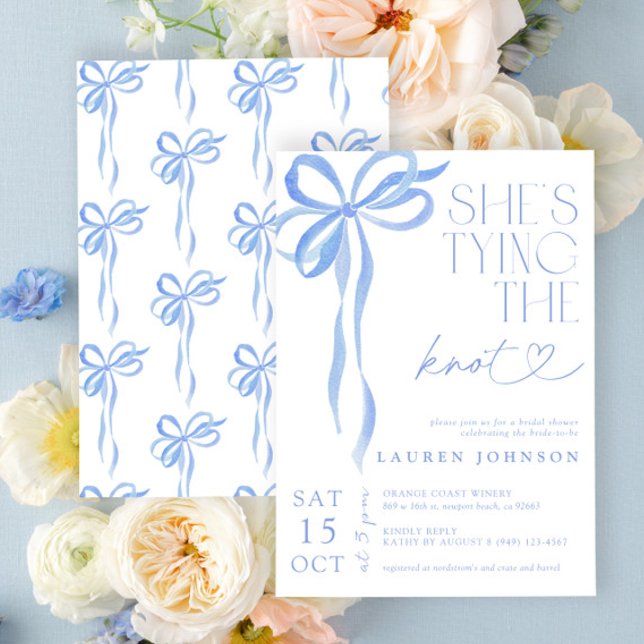 Bow She's Tying the Knot Blue Bridal Shower Invitation (Easily personlize this sweet bridal shower invite for the perfect celebration of the bride-to-be!)