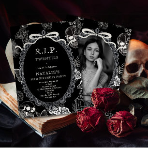 Bow Skull RIP 20s 30th Birthday Party Youth Photo Invitation