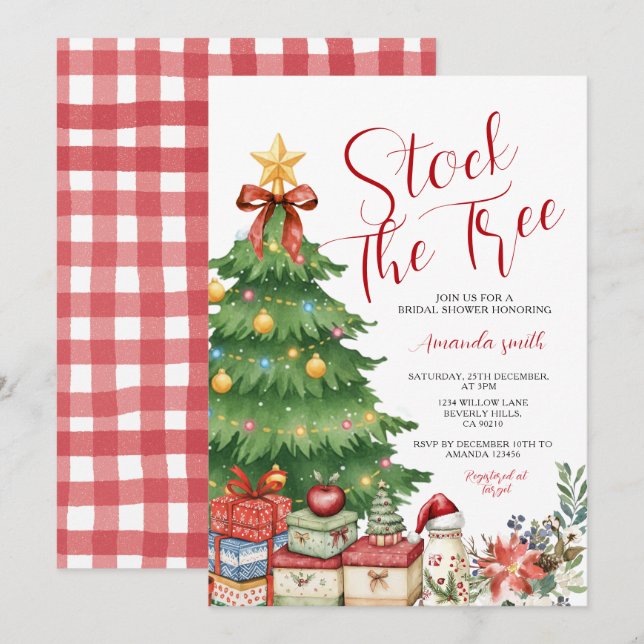 Bow Stock the Tree Christmas Bridal Shower Floral Invitation (Front/Back)