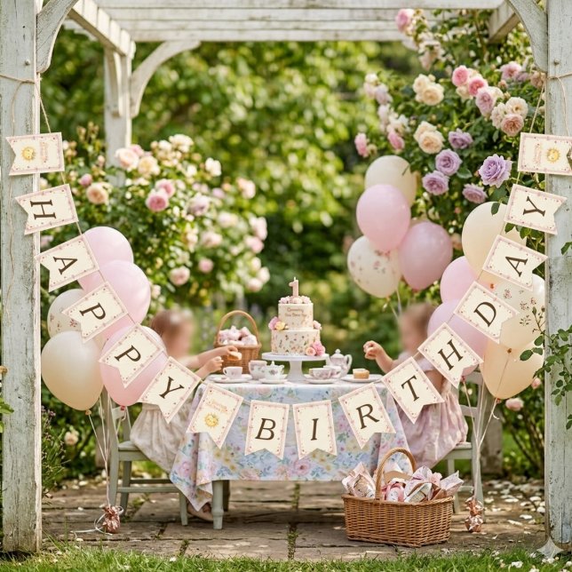 Bow & Strawberry Sun Happy Birthday Bunting (Bow & Strawberry Sun Happy Birthday Bunting Flags)
