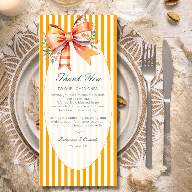 Bow Striped Wedding Place Setting Thank You  Card (Creator Uploaded)
