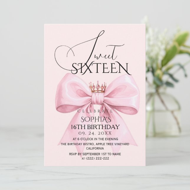  Bow Sweet 16 Birthday Party Invitation (Standing Front)