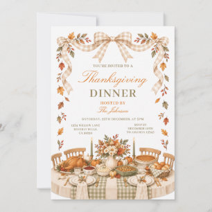 Bow Thanksgiving Dinner Fall Autumn Leaves Floral Invitation