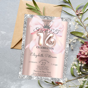 Bow,Tiara,Rose Gold Silver Glitter Sweet 16  Invitation