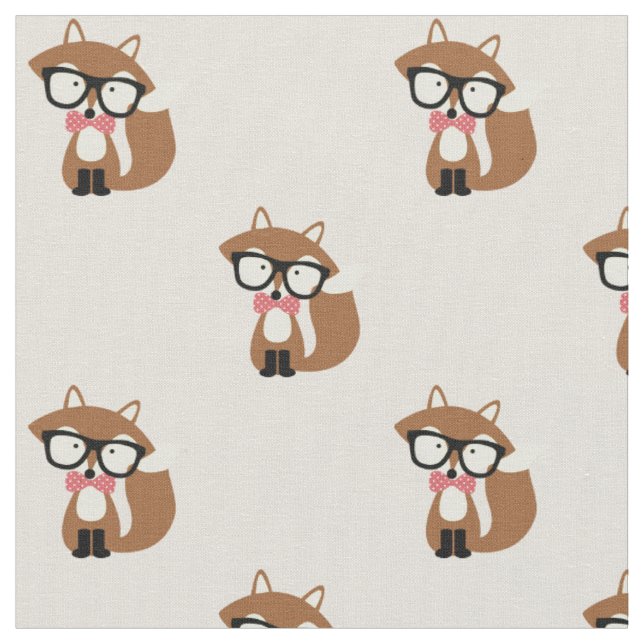 Bow Tie and Glasses Hipster Brown Fox Fabric (Close Up)