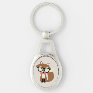 Bow Tie and Glasses Hipster Brown Fox Key Ring