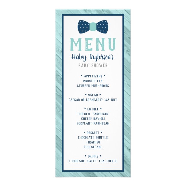 Bow Tie Baby Shower Menu Card, Blue and Grey (Front)