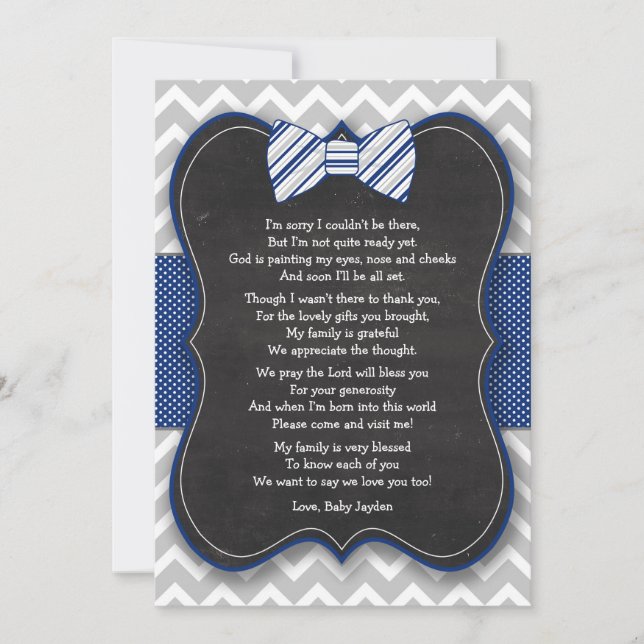 Bow Tie Baby Shower thank you notes with poem (Front)